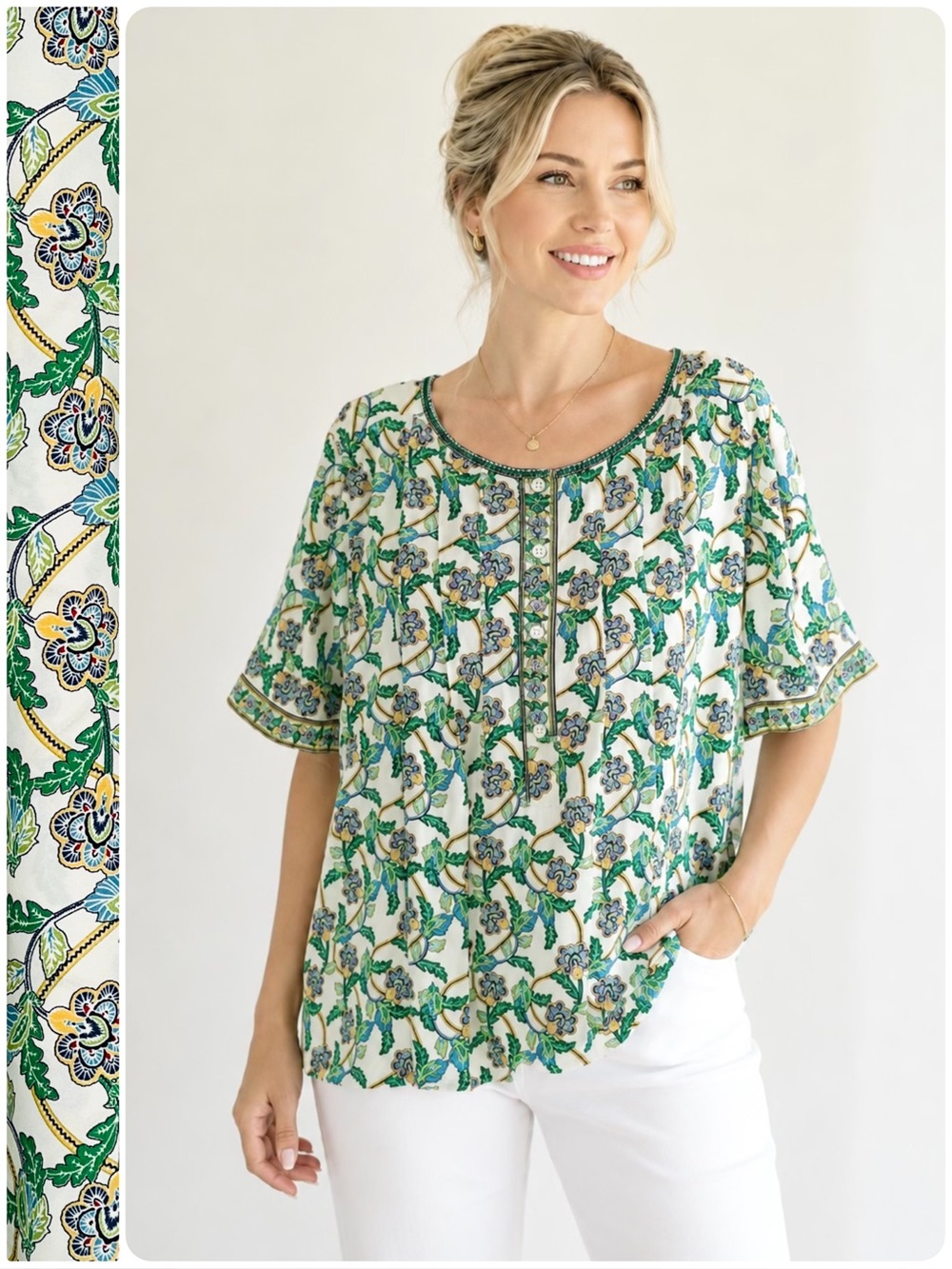 Max Studio Georgette Floral Blouse Button Popover Short Sleeve Round Neck Green
